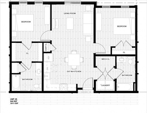 Floor plan for 2 beds, 2 baths, 946 sqft